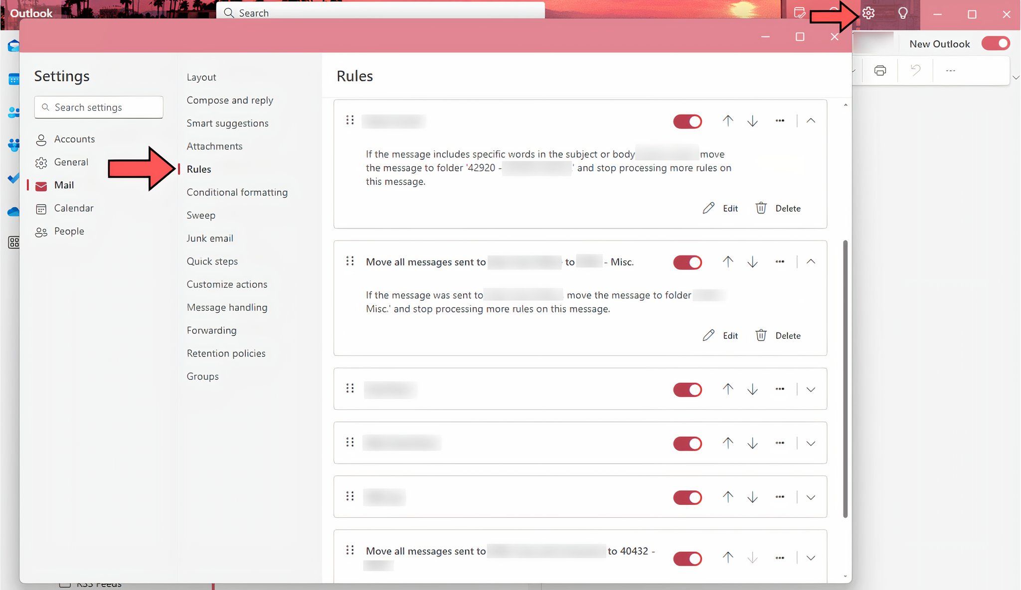 Capture d'écran du menu Règles dans la "nouvelle" Outlook sur le bureau