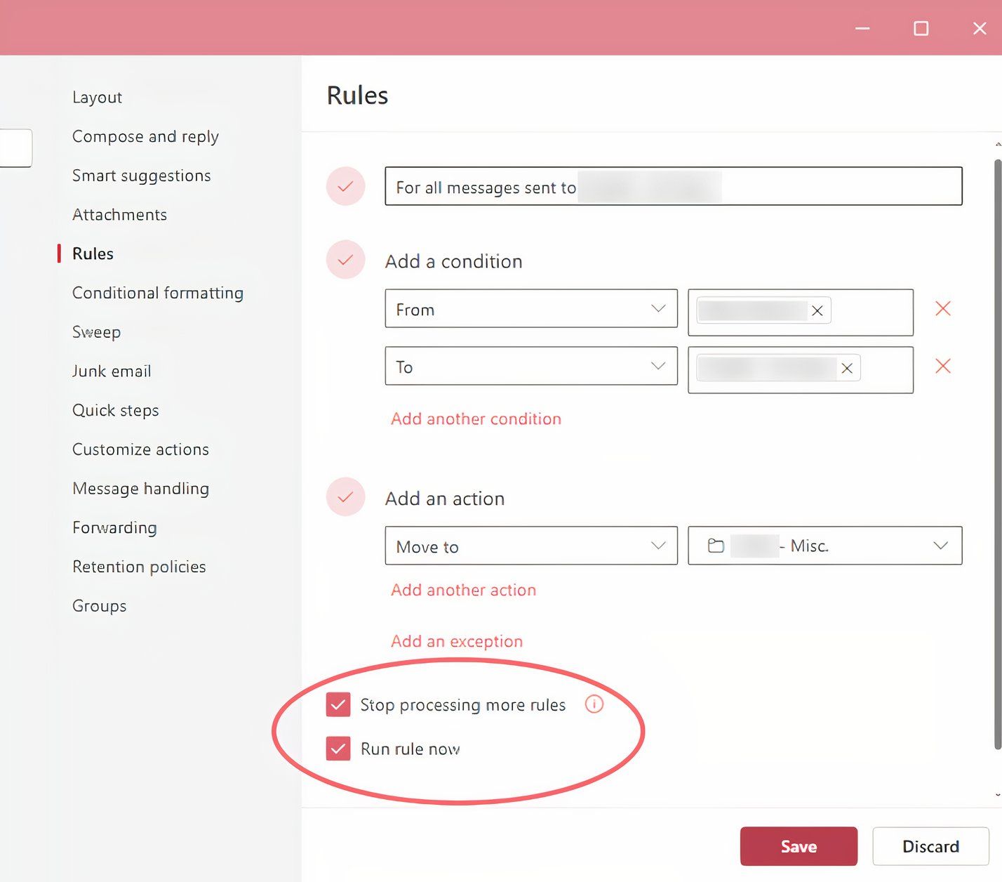 Capture d'écran d'une règle configurée dans la "nouvelle" Outlook sur le bureau, mettant en évidence des options supplémentaires "Arrêtez de procéder plus de règles" et "Exécutez la règle maintenant".