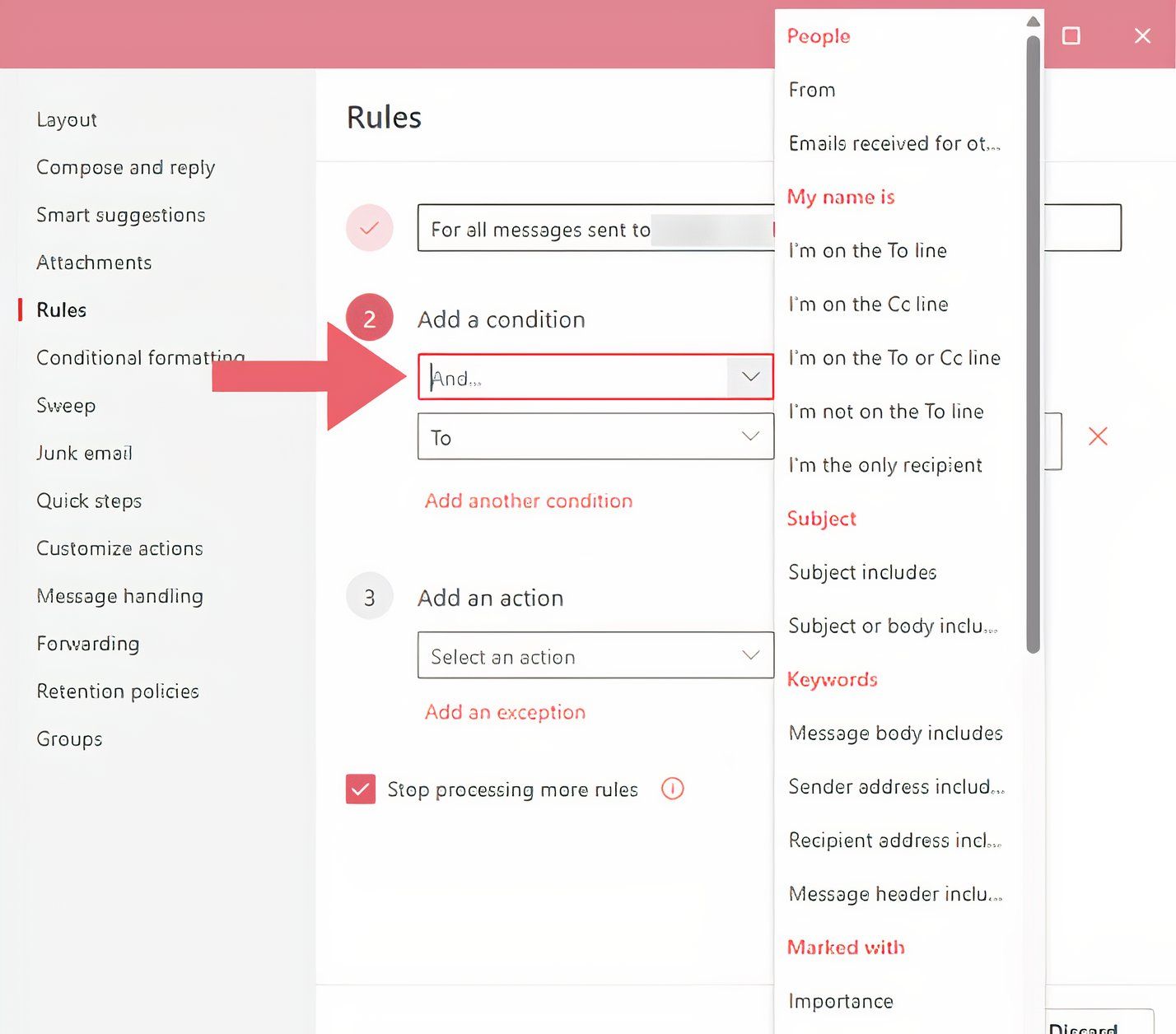 Capture d'écran du menu Détail "Nouveau" Outlook Rules dans la version de bureau
