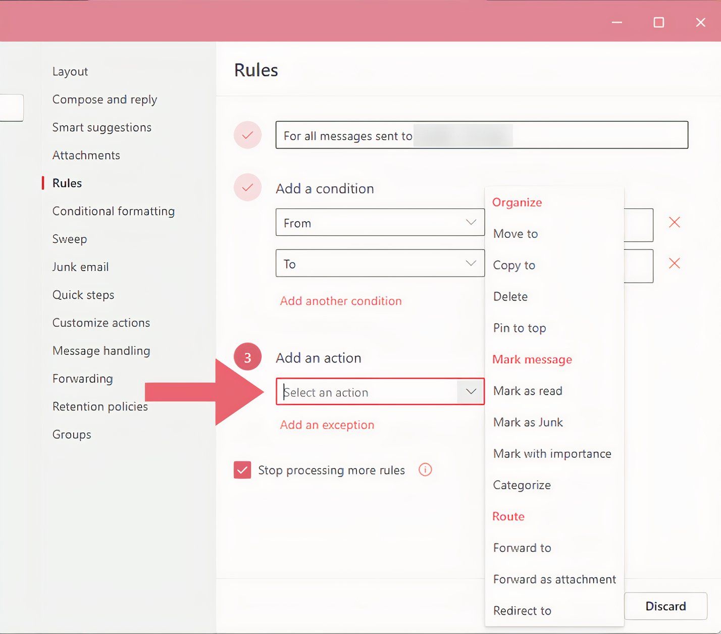 Capture d'écran du menu déroulant Action dans l'écran de configuration des règles dans "New" Outlook sur le bureau