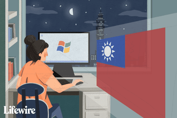 Illustration d'une femme à un bureau à l'aide d'un ordinateur Windows avec le drapeau taïwanais superposé
