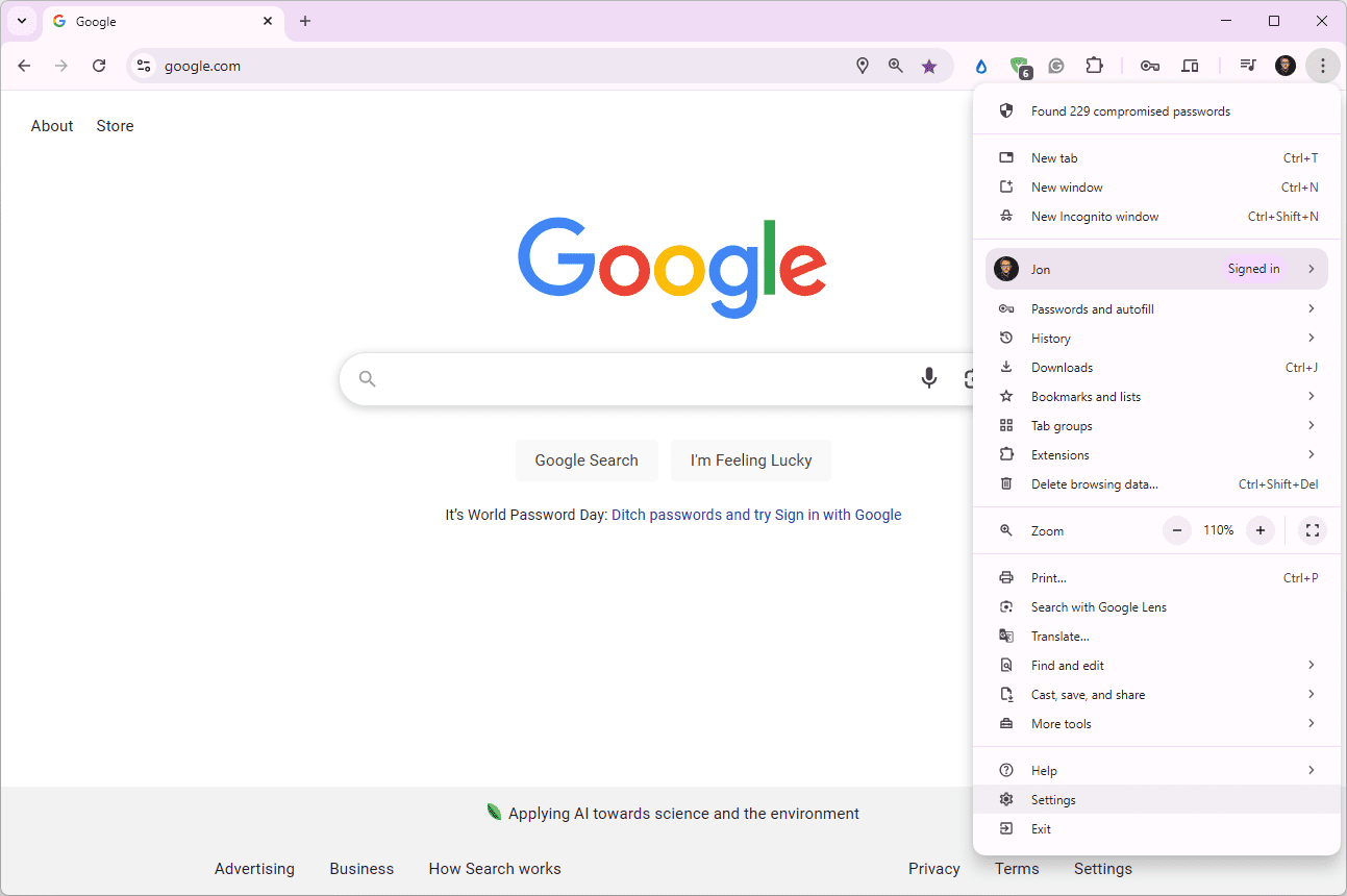 Options de menu Google Chrome avec les paramètres mis en surbrillance