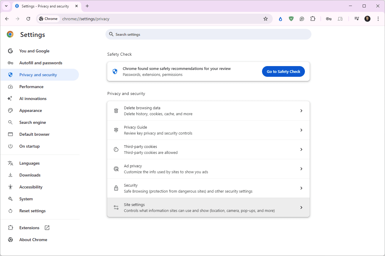 La page des paramètres de confidentialité et de sécurité de Google Chrome avec les «paramètres du site» mis en surbrillance