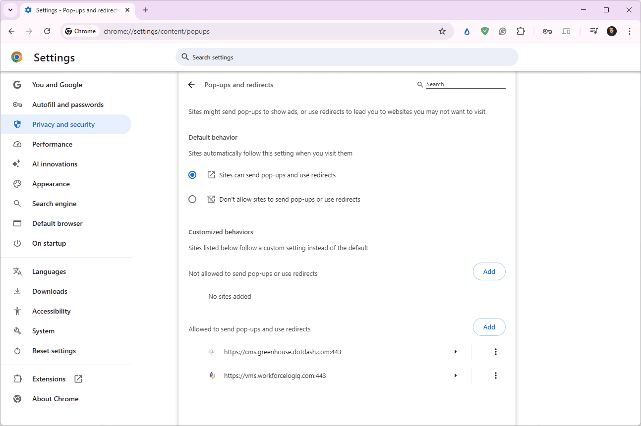 `` Les sites peuvent envoyer des fenêtres contextuelles et utiliser des redirections '' sélectionné dans les paramètres de Google Chrome