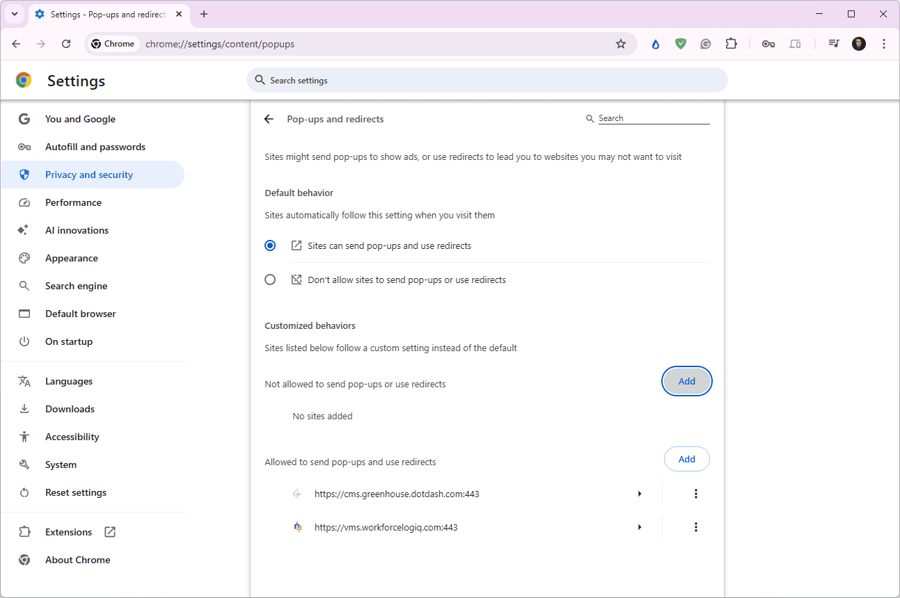 Le bouton `` Ajouter '' mis en évidence dans les paramètres contextuels de Chrome