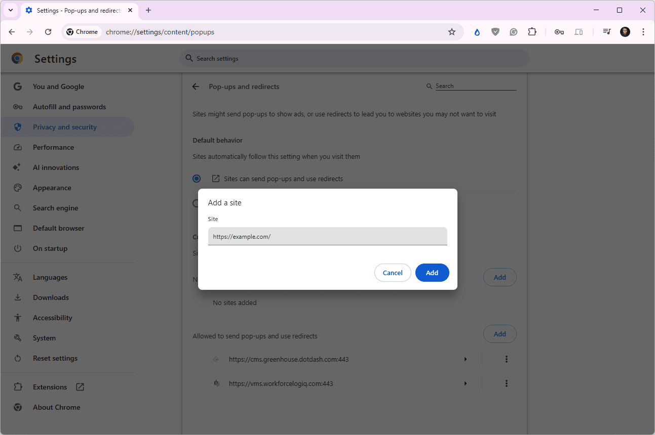 Une URL tapée dans le champ `` Ajouter un site '' dans les paramètres des bloqueurs pop-up de Chrome