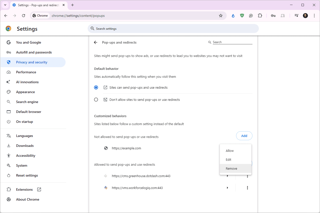 `` Supprimer '' sélectionné pour une exception contextuelle dans les paramètres de Chrome