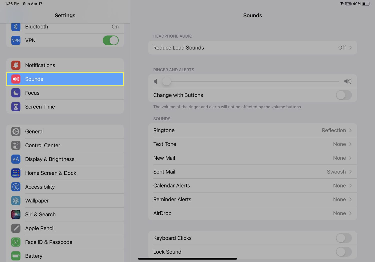 L'élément Sounds mis en évidence dans l'application Paramètres sur un iPad.