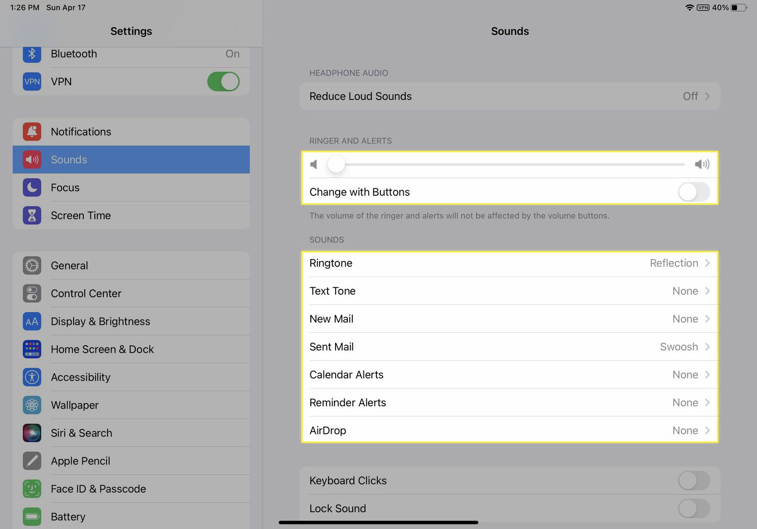 Les éléments sonores mis en évidence dans la section sonore de l'application Paramètres sur un iPad.