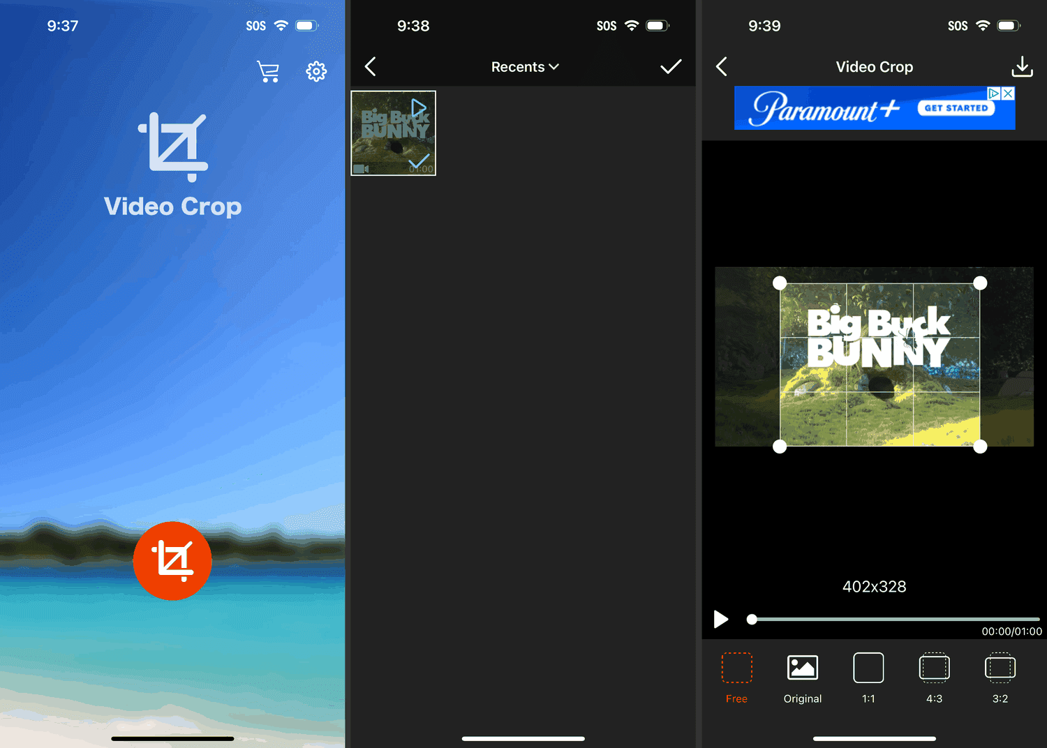 Vidéo sélectionnée et recadrée dans l'application de crop iPhone vidéo
