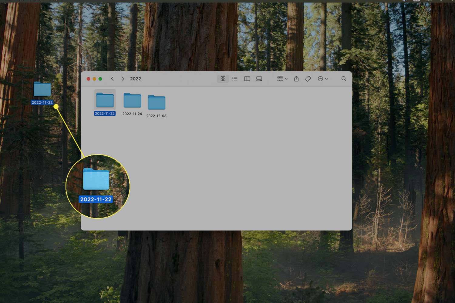 Faire glisser et déposer un dossier d'un endroit dans Finder au bureau sur un Mac