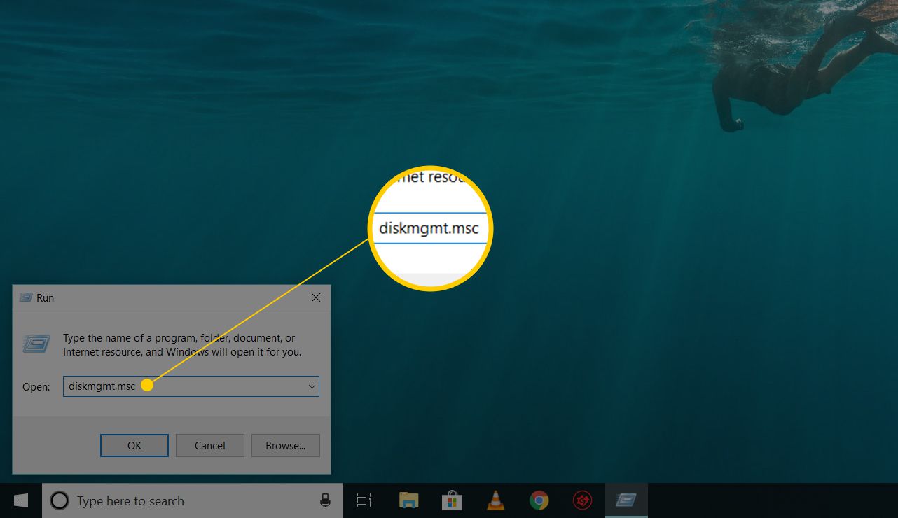 Commande diskmgmt.msc dans l'application Run sur Windows 10