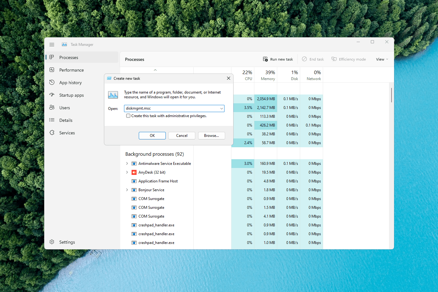 Commande de gestion du disque dans le gestionnaire de tâches pour Windows 11