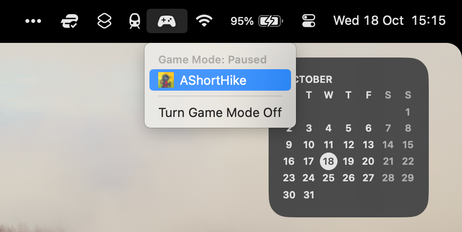 Option de barre de menu pour basculer le mode de jeu sur ou désactiver dans les applications sur MacOS 14 Sonoma.
