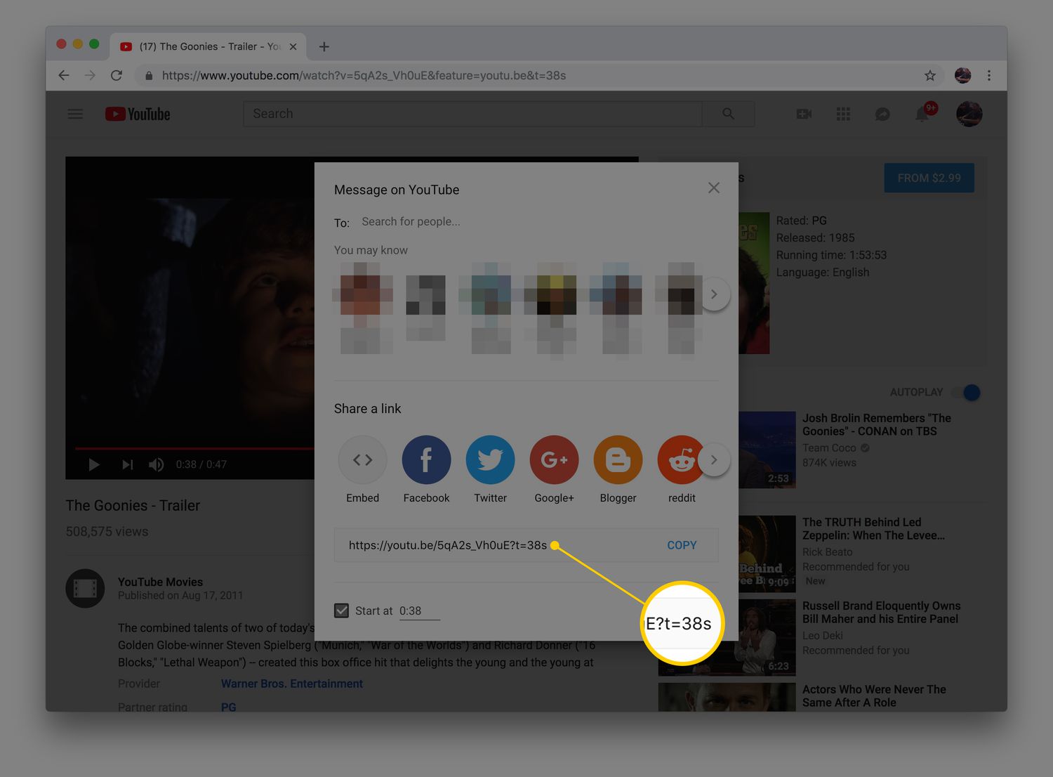 Capture d'écran du partage Screenin Youtube avec URL horodat