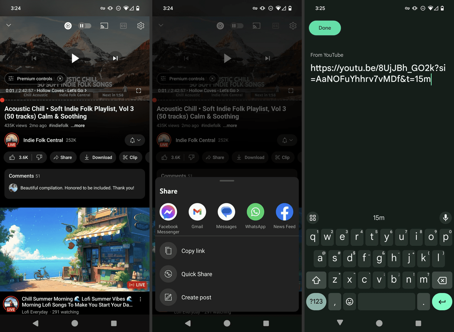 Une vidéo YouTube, le bouton Copier Link et un horodatage ajouté à l'URL