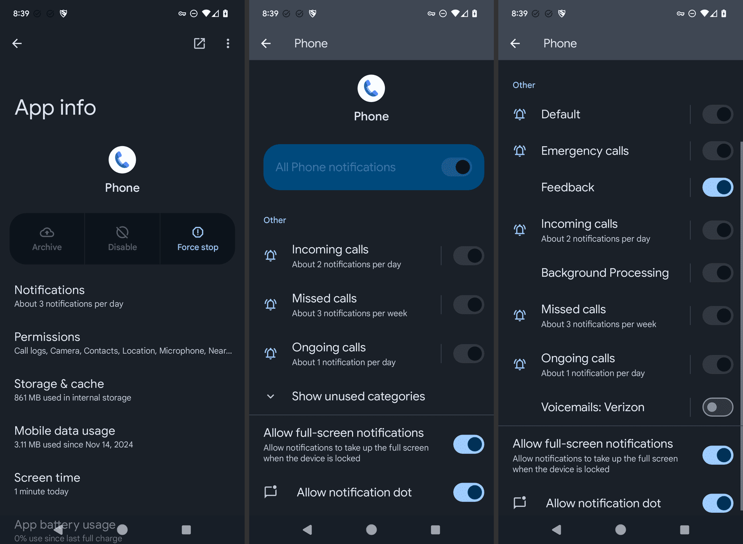 Écrans de paramètres de notification des informations sur les informations, le téléphone et le téléphone sur un Google Pixel