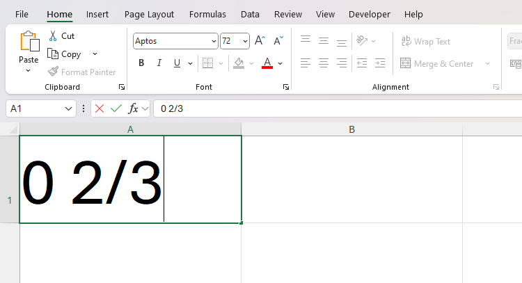 Une feuille de calcul Excel avec un zéro, suivie d'un espace, suivie d'une fraction de deux tiers tapée dans la cellule A1.
