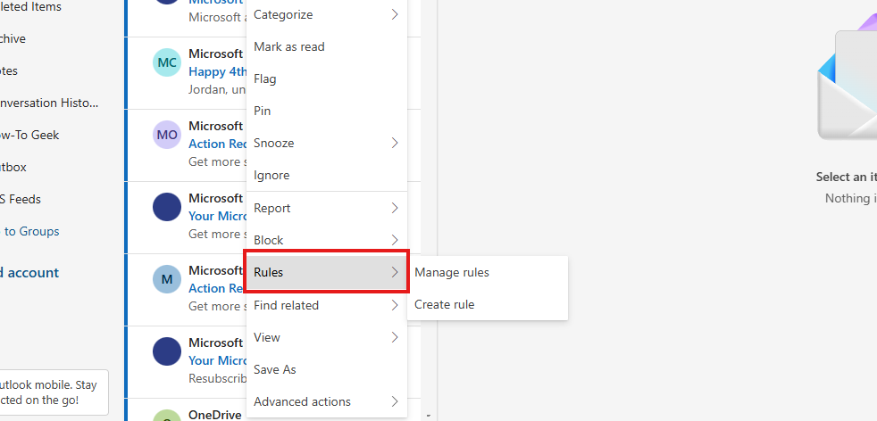 Cliquez avec le bouton droit sur Outlook et recherchez le sous-menu de règles.