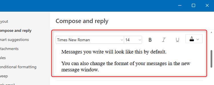 Les paramètres de police par défaut dans la section Compose et Répondre de la nouvelle boîte de dialogue Paramètres Outlook.