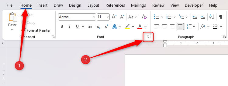 L'onglet Home sur le ruban dans Microsoft Word est ouvert et l'icône de lance-boîte de dialogue de police est mise en évidence.