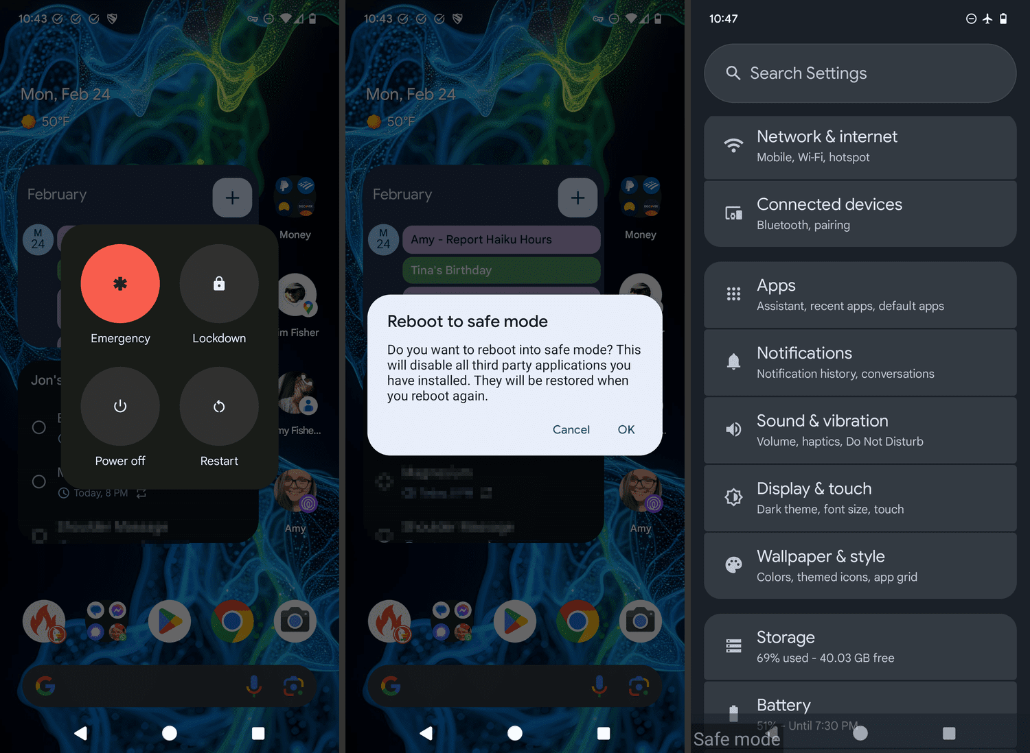 Écran d'accueil Android, invite en mode sûr et écran de paramètres