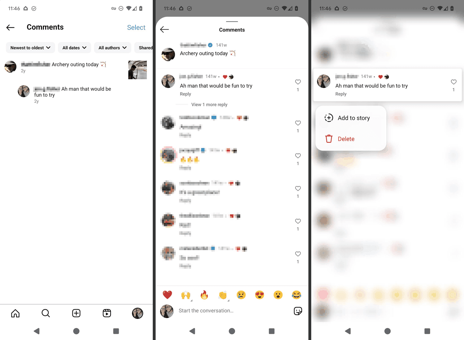 Écran des commentaires de l'application Instagram et de supprimer l'option
