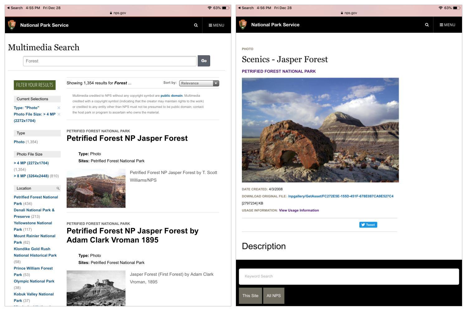Deux captures d'écran: (à gauche) Rechercher la "forêt" sur le site du service du parc national, (à droite) Détail d'image de la forêt Jasper