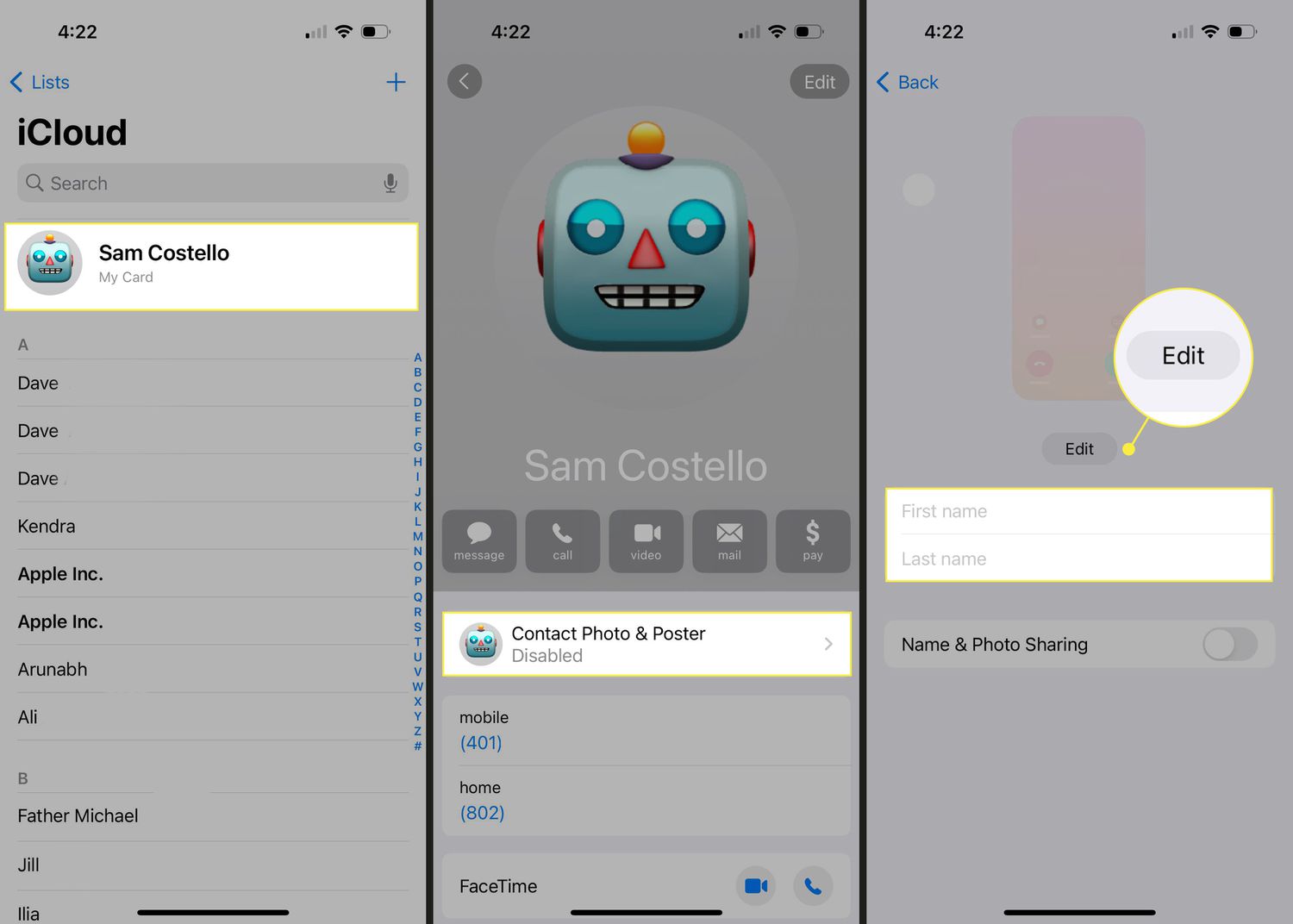Les étapes initiales sont mises en évidence lors de la création d'une affiche de contact sur un iPhone.