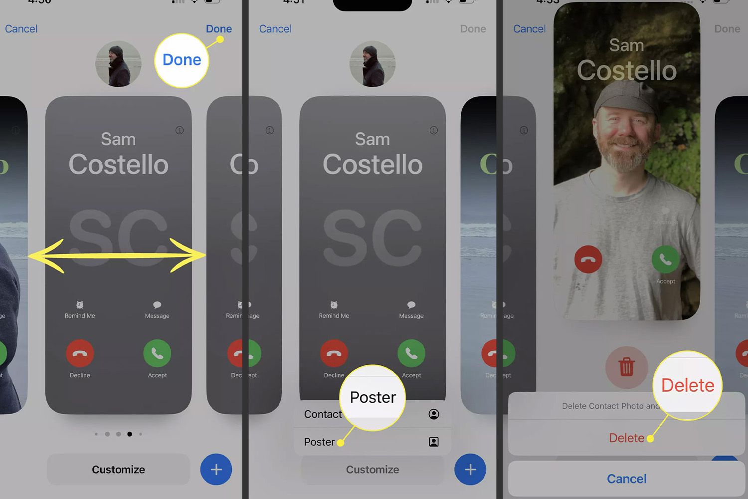 Le processus de choix d'une nouvelle affiche de contact dans une carte de contact sur iPhone