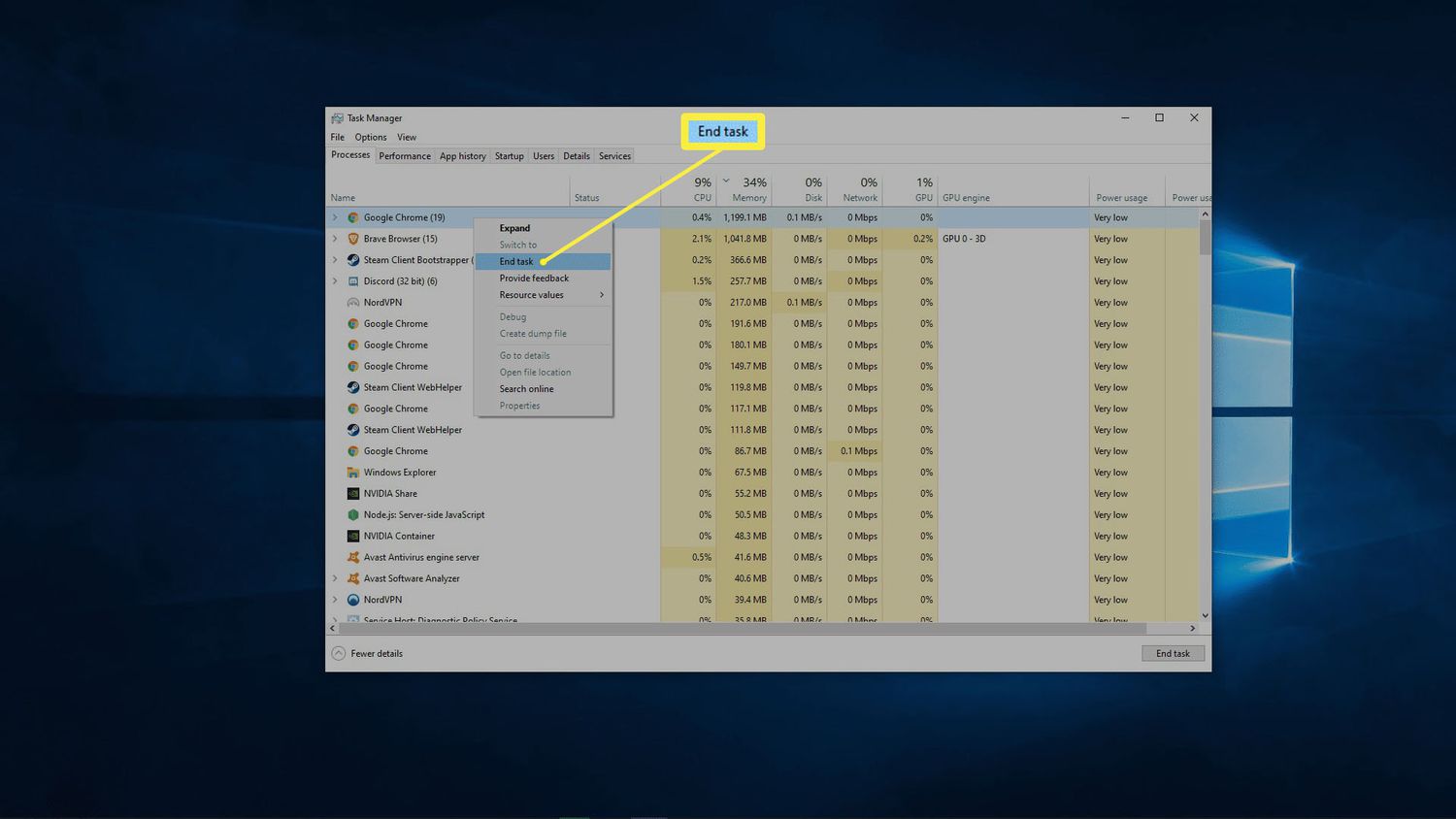 Une capture d'écran des processus Windows.