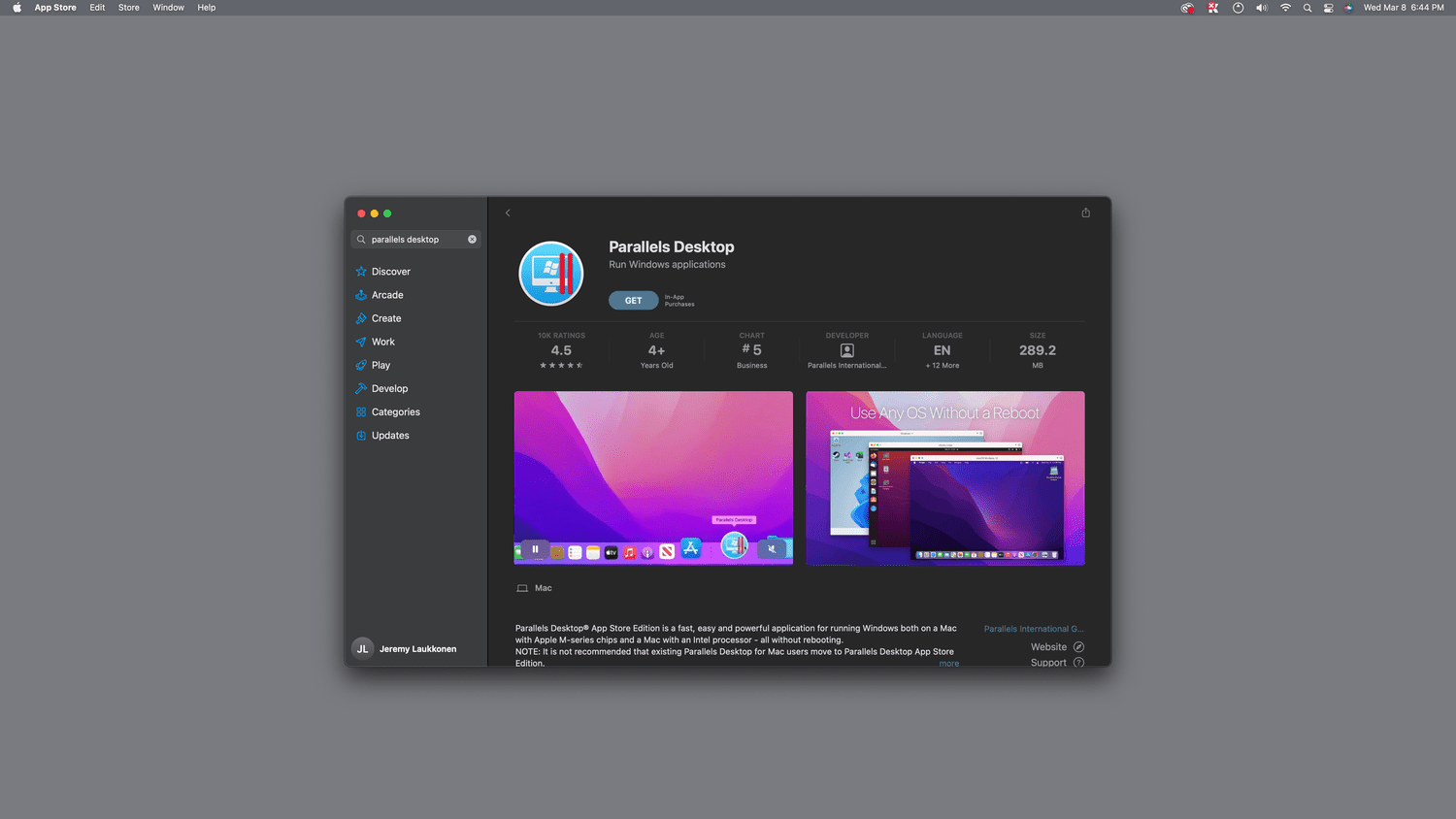 Soyez mis en surbrillance sur la page de bureau Parallels dans l'App Store.