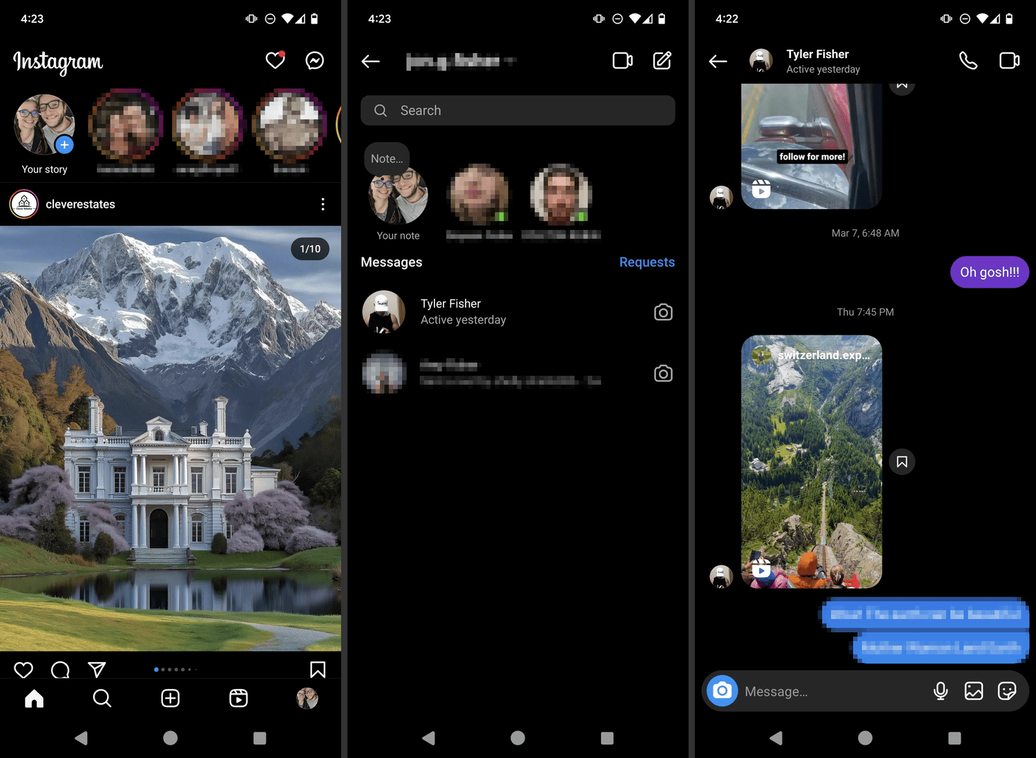 Écrans d'une conversation Instagram dans l'application Android