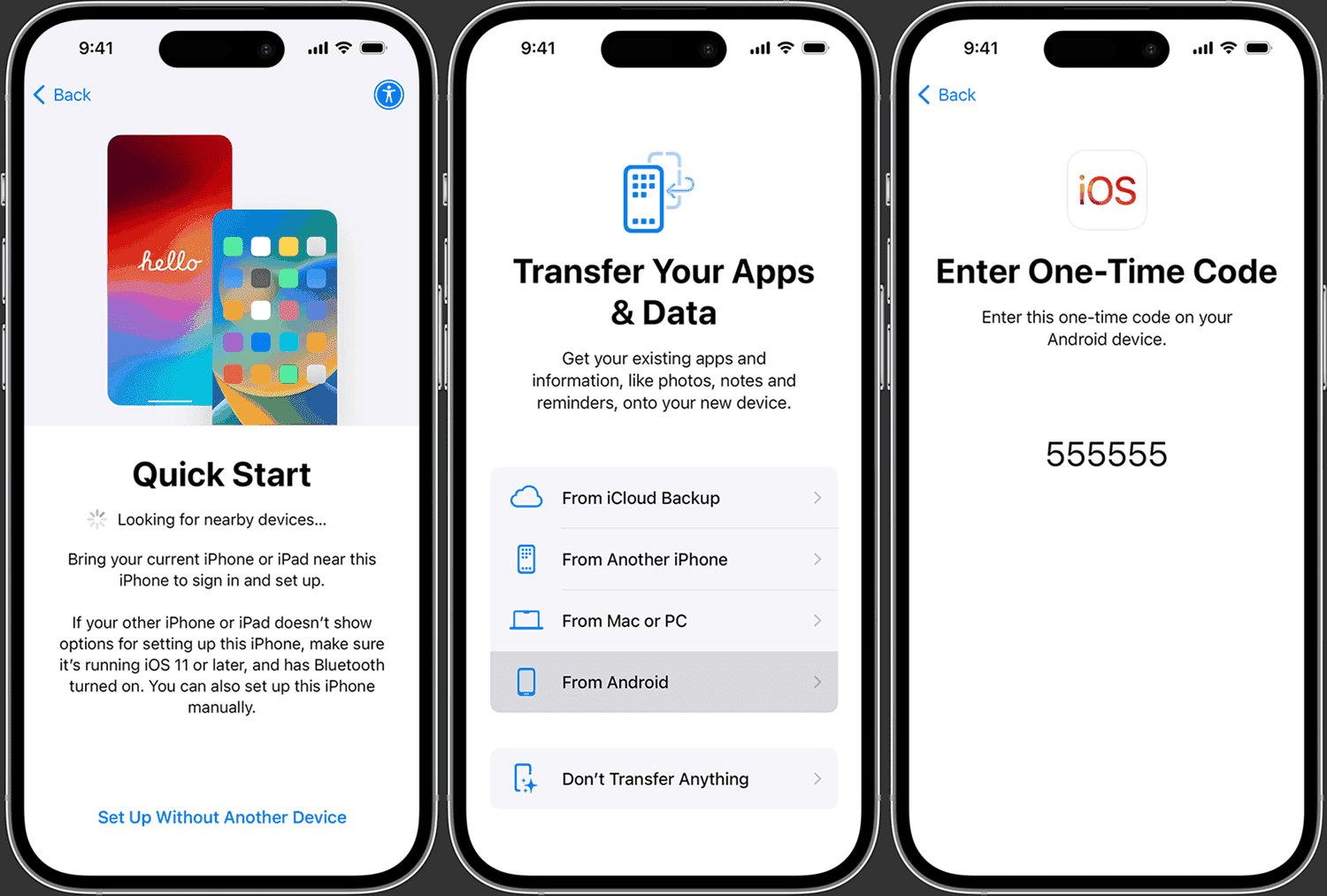 Écrans de configuration d'iPhone pour transférer des données à partir d'Android