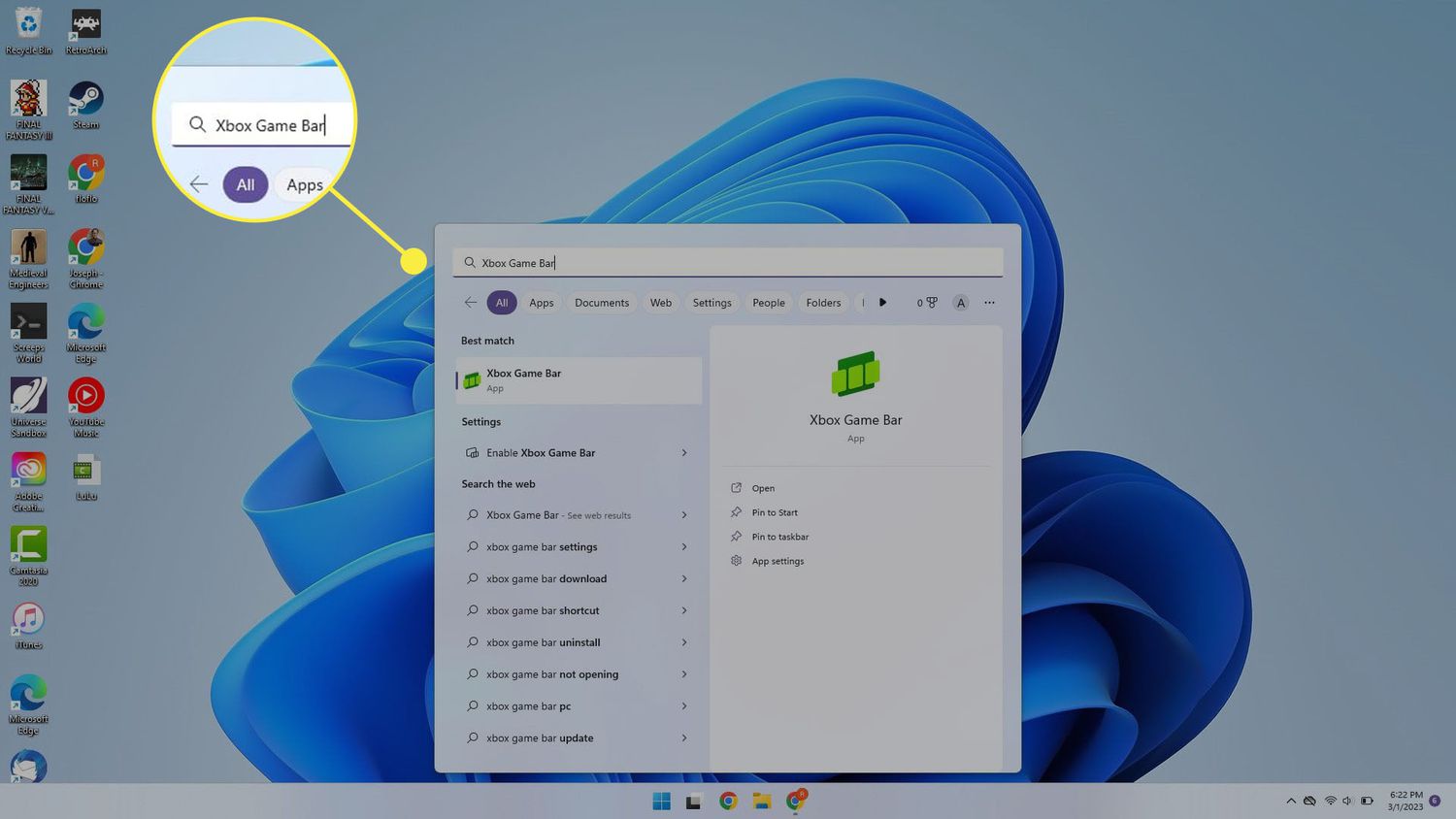 Recherche de l'application de barre de jeu Xbox dans la recherche Windows 11.