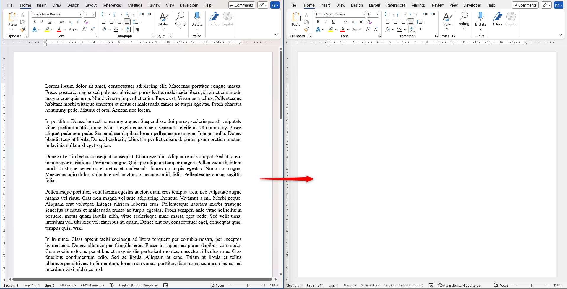 Deux fenêtres Microsoft Word, avec la fenêtre de gauche contenant du texte, la fenêtre droite vide et une flèche au centre du document de gauche à droite.