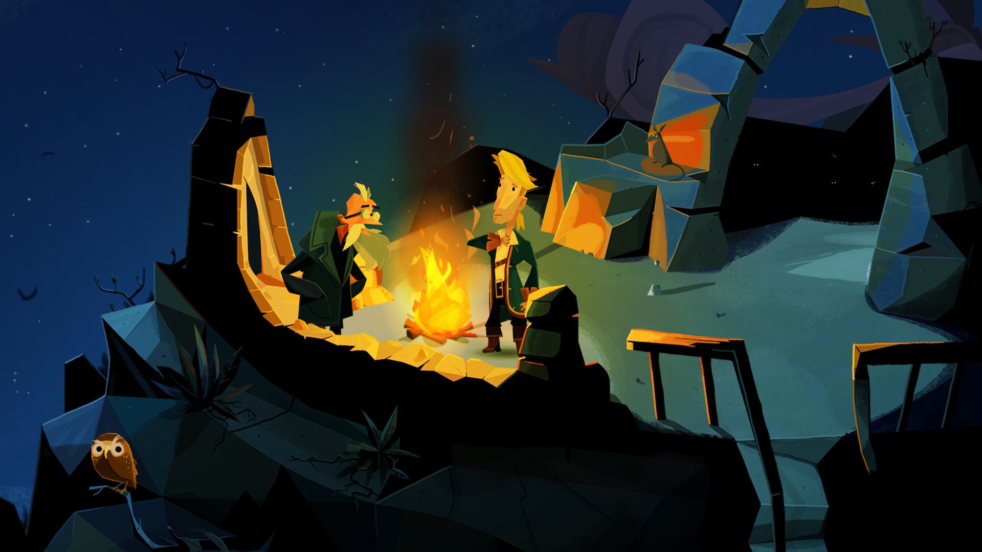 Retour à la capture d'écran officielle de l'île de Monkey montrant Guybrush Threepwood en parlant à trois pirates autour d'un feu de camp.