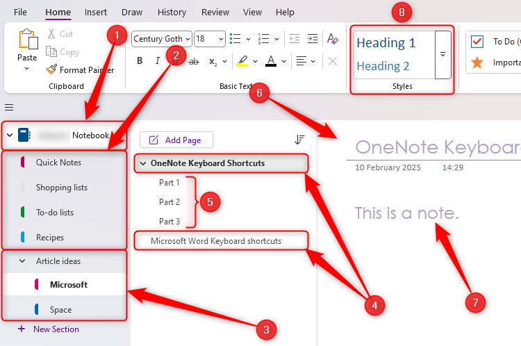 L'interface OneNote avec huit éléments a mis en évidence et numérotée.