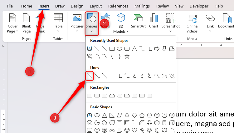 L'option de ligne dans le menu déroulant Formes dans l'onglet Insérer Microsoft Word.