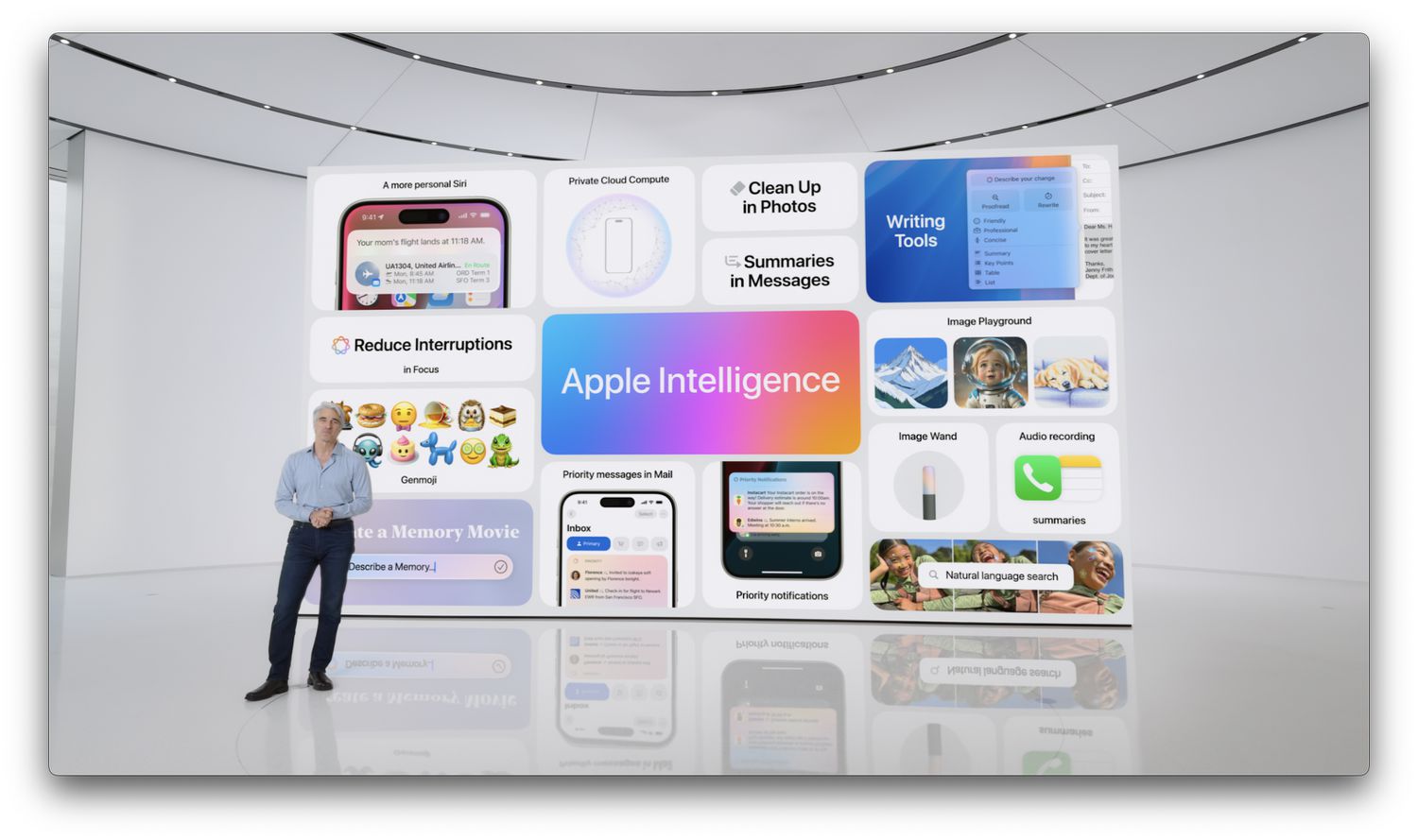 Craig Federighi devant un écran montrant les fonctionnalités d'Apple Intelligence