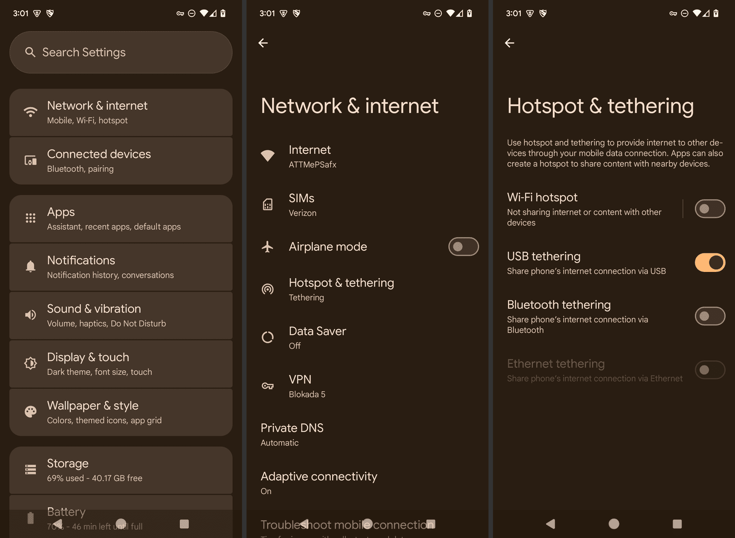 Paramètres, réseaux et Internet et écrans de hotspot et d'attachement sur un smartphone Android