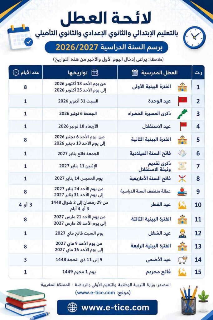 أجندة العطل المدرسية بالتعليم الابتدائي والثانوي برسم السنة الدراسية 2026-2027
